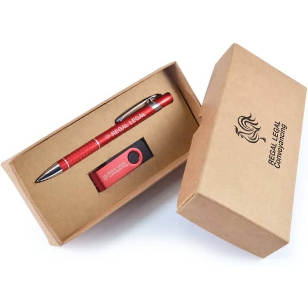 A cardboard gift set containing a red pen and a USB drive, packaged in a brown box with a logo.