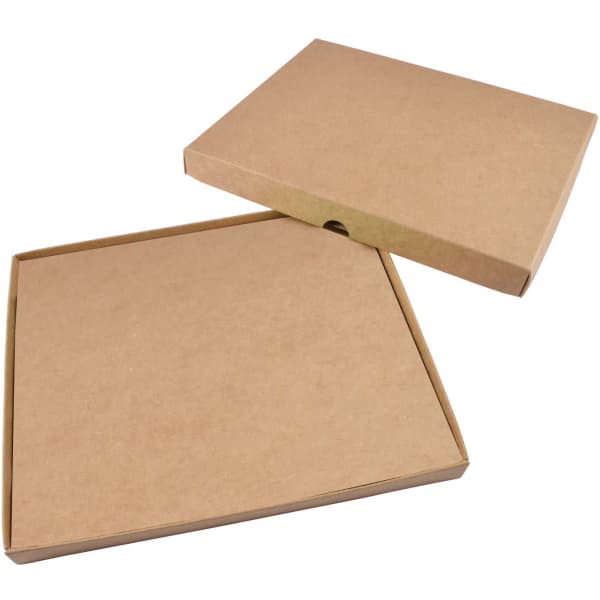 A natural kraft gift box with a lid, featuring a minimalist design in a light brown shade.