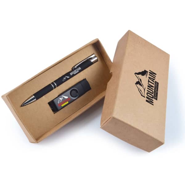 A black pen and a small USB drive in a brown cardboard gift box with a logo.
