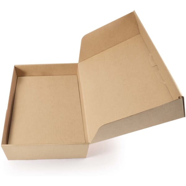 An open extra-large natural paper box in a plain brown colour, featuring a simple design without any logos.