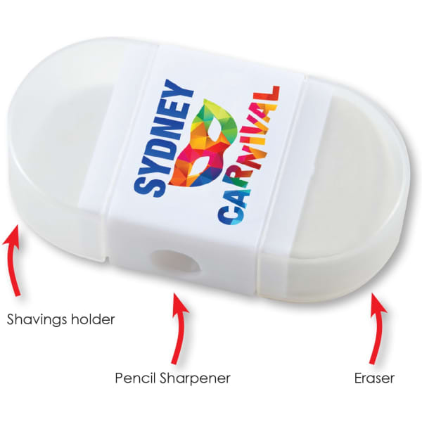 A white 2 in 1 pencil sharpener and eraser with a logo, featuring a shavings holder and dual functionality.