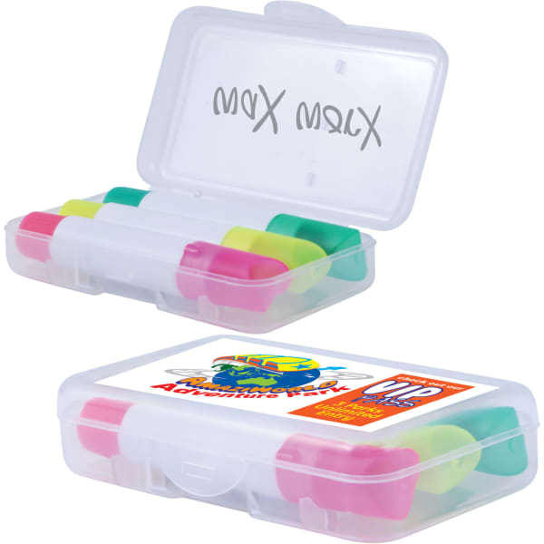 A clear plastic case containing green, pink, and yellow highlighters. The case has a logo and is slightly open.