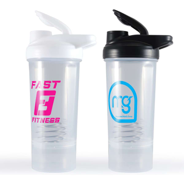 A drink bottle set featuring a clear shaker in white and a black lid, with a logo on each.
