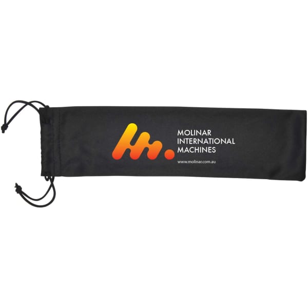 A black microfibre drawstring pouch with a logo printed on the side.
