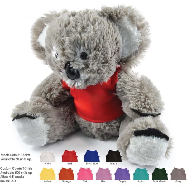 A grey plush koala toy with a red shirt, featuring black paws and a branding logo. Various shirt colour options below.