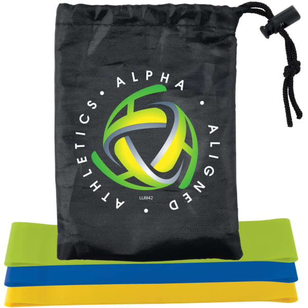Stamina Resistance Bands in green, blue, and yellow, presented in a black drawstring pouch with a logo.