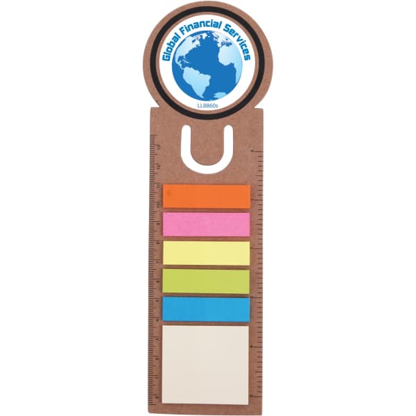 A circle bookmark and noteflag ruler in brown, featuring coloured sticky notes: pink, yellow, green, blue, and white.
