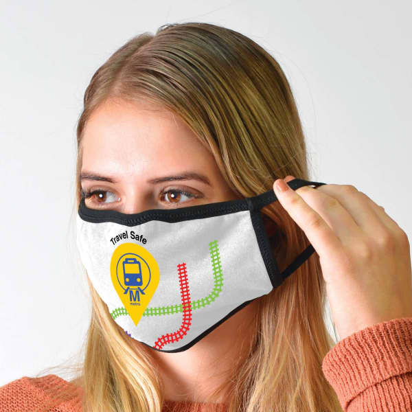 A white cotton face mask with a black border and a logo featuring a yellow location pin and train graphics.