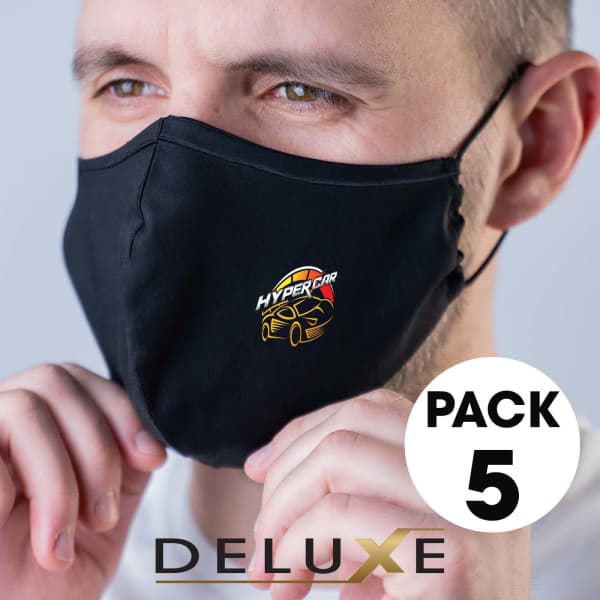 A black face mask featuring a logo, designed as part of a five-pack product.