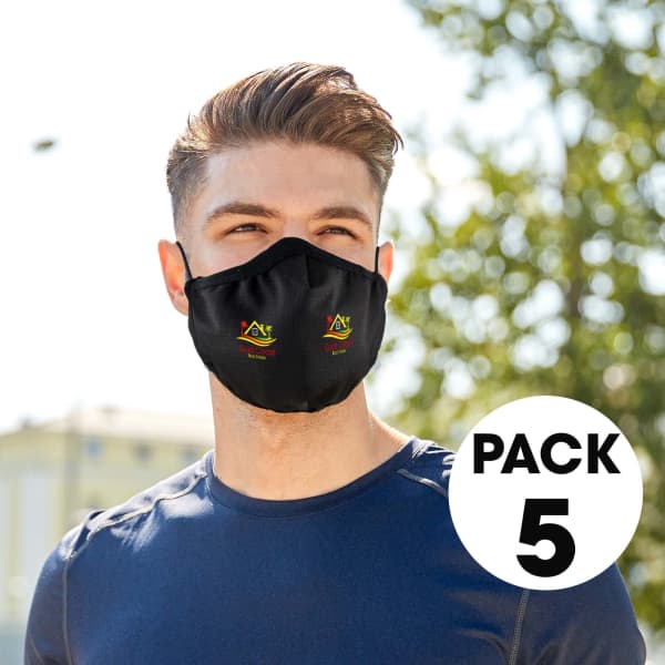 A man wearing a black face mask with a logo, representing a pack of five cooling face masks.