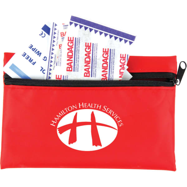 A red first aid kit containing assorted bandages and equipped with a zippered closure, featuring a logo.