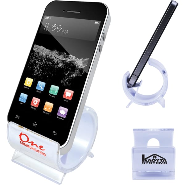 A clear phone holder supporting a smartphone, featuring a logo, with a side view of another phone resting nearby.