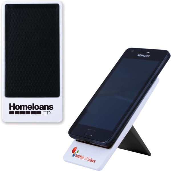 A white and black smartphone holder with a triangular stand, displaying a smartphone on one side. It has a logo.