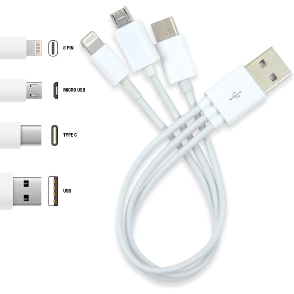A white 3-in-1 combo USB cable featuring Micro, 8 Pin, and Type C connectors, connected to a USB plug.