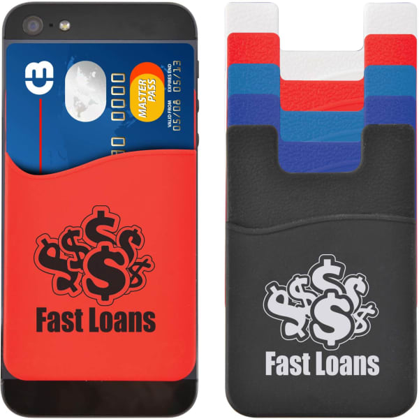 A red phone wallet holding credit cards, with additional wallets in black, white, blue, and red. Features a logo.