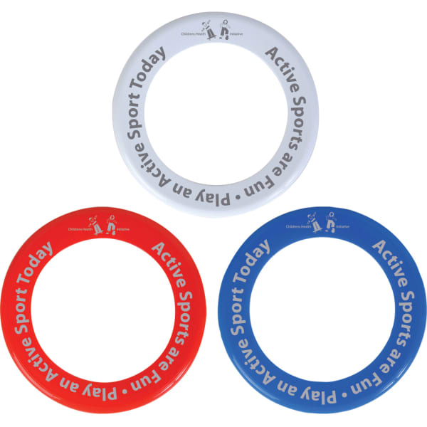 A set of three frisbees in red, blue, and white, featuring a logo on each one.