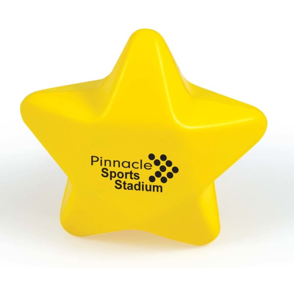 A yellow star-shaped stress reliever with a logo printed on it.