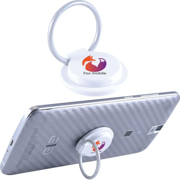 A white phone grip and stand with a circular ring attached to a smartphone, featuring a logo.