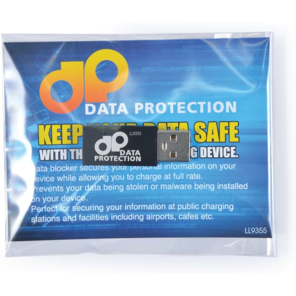 A data blocker USB device in a clear packaging featuring a colourful backing with a logo.