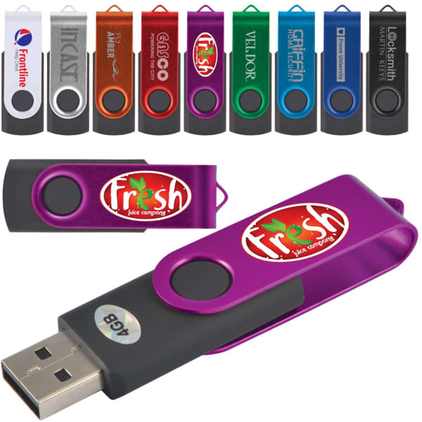 A collection of swivel USB flash drives in various colours, featuring a logo on one purple model.