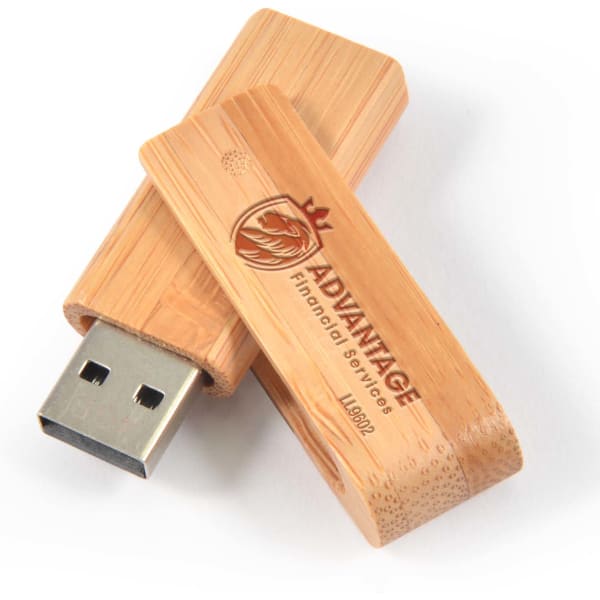 A bamboo USB flash drive featuring a silver USB connector and a wooden casing with a logo.