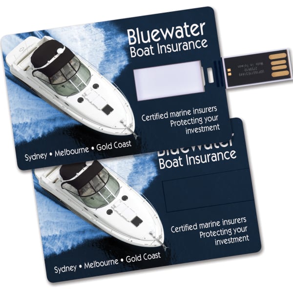 A blue and white credit card flash drive featuring an image of a boat on water, with a logo displayed on its surface.