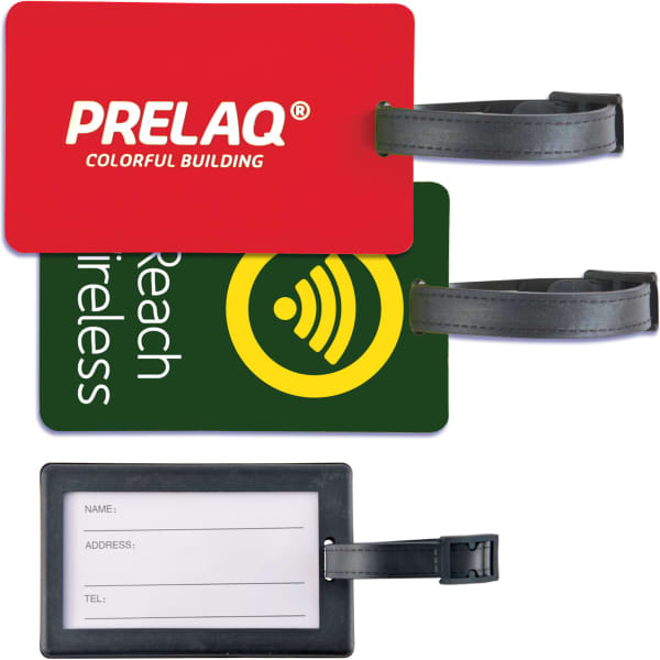 A set of three luggage tags in red, green, and black, featuring a logo and slots for personal information.