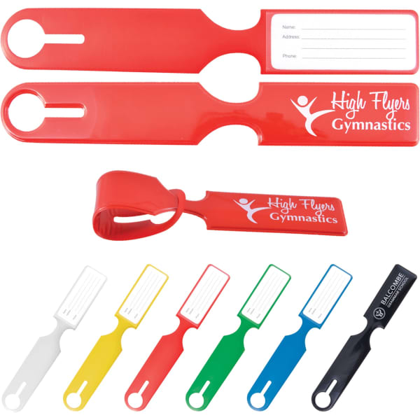 A set of colourful luggage tags in red, white, blue, green, and black, featuring a logo and space for personal information.