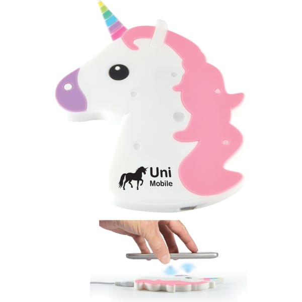 A unicorn-shaped wireless charger in white and pink, featuring a colourful horn and a logo.