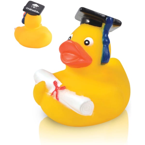 A yellow rubber duck wearing a graduation cap and holding a scroll. It features a logo on the back.