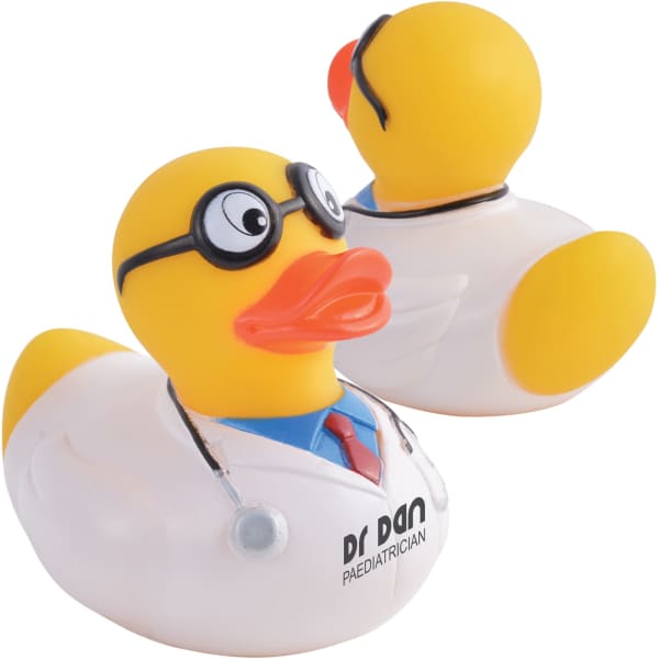 A novelty bath duck in yellow, wearing a doctor's coat, glasses, and stethoscope, with a logo on its side.