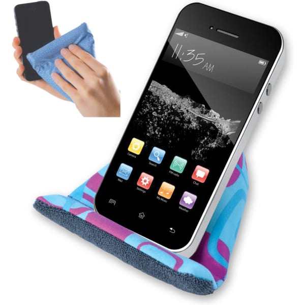 Microfibre bean bag phone chair in blue and purple, holding a smartphone and featuring a cleaning cloth.