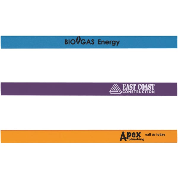 Three carpenters' pencils in blue, purple, and orange, featuring various logos and branding.