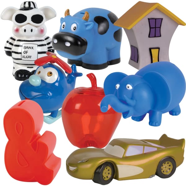 A variety of custom coin banks including a cow, house, elephant, apple, and car, in bright colours and fun designs.