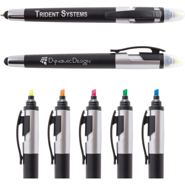 Black pens with silver accents, featuring a stylus tip and highlighter ends in yellow, orange, pink, green, and blue.