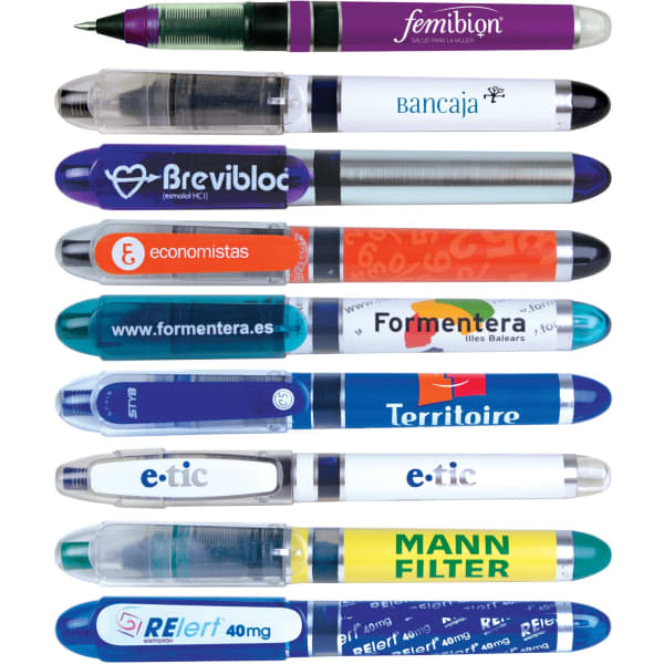 A variety of coloured metal pens arranged in rows, featuring multiple brands and a logo on each pen.