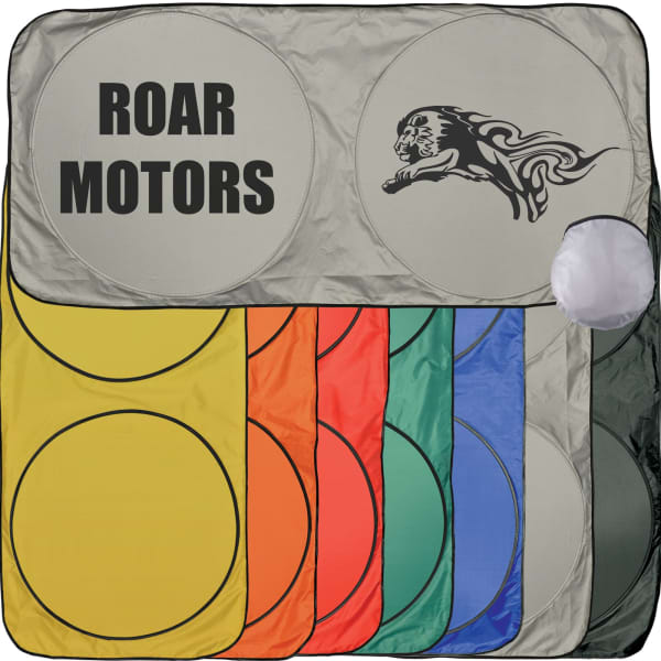 A solar car sun shade featuring a grey design with multiple circular sections in yellow, orange, red, green, and blue.