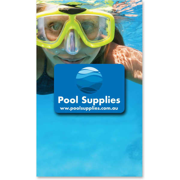 A promotional image featuring a product with a blue background and a woman wearing yellow snorkelling gear underwater, with a logo.