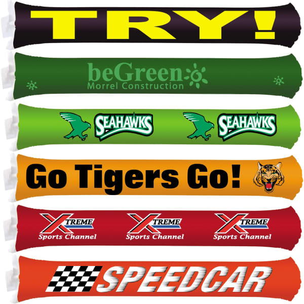 Inflatable Bang Bang Sticks in vibrant colours featuring various logos and messages, ideal for sporting events.