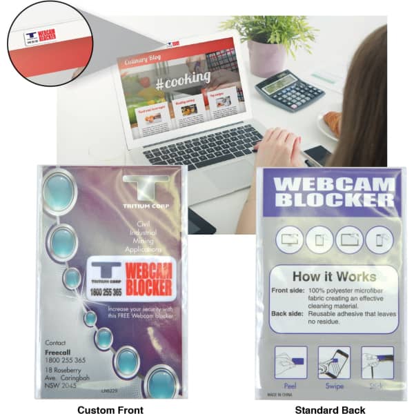 A microfibre webcam blocker in packaging, featuring a colourful design with a logo, placed near a laptop.