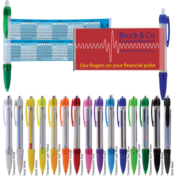 A variety of plastic pens in multiple colours, including green, purple, red, and yellow, with a logo present.
