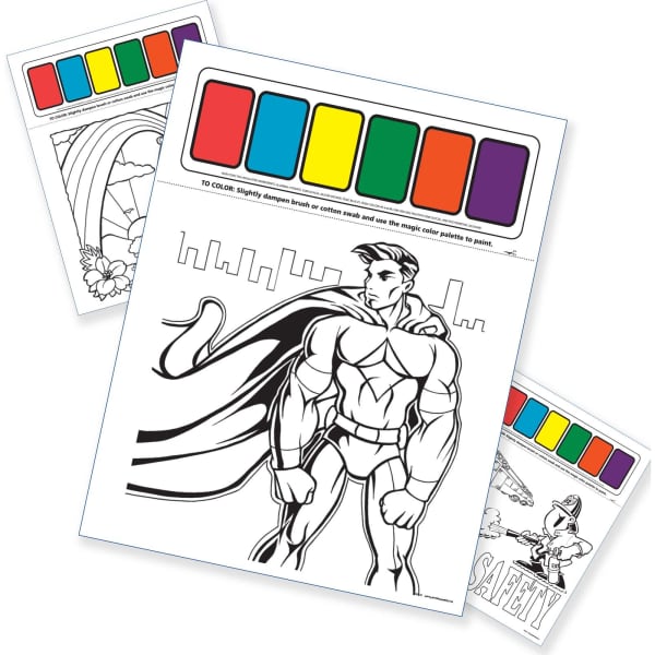 Colouring sheets featuring superhero and rainbow designs, with a palette of vibrant colours at the top.