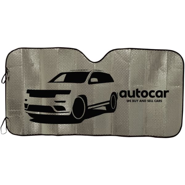 A metallic car sun shade featuring a silhouette of an SUV, with a logo on one side. The shade is in silver and black.