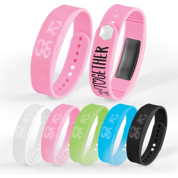 A collection of Stride Pedometer Bracelets in pink, white, green, blue, black, and a playful design with a hexagonal detail.