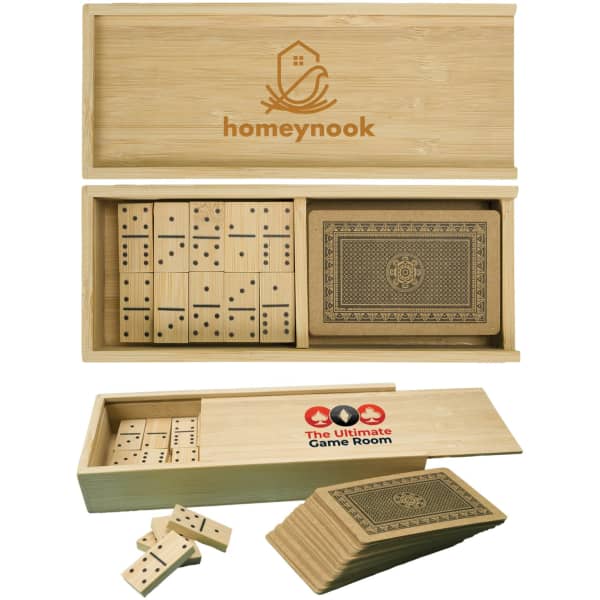 A wooden box containing dominoes and a deck of cards, all in a natural bamboo finish, with a logo on the lid.