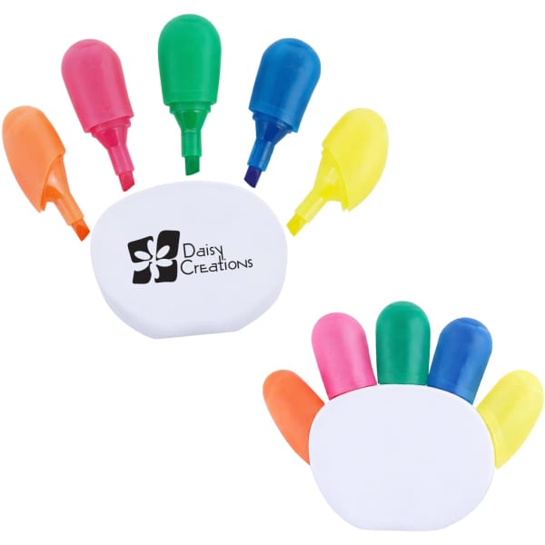 A set of highlighters in pink, green, blue, yellow, and orange, shaped like a hand with a white branding area.