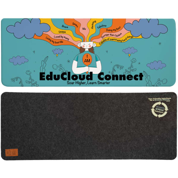 A colourful desk mat featuring a whimsical design with clouds, trees, and a character, alongside a plain dark grey underside.
