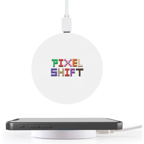 A round white wireless charger with a logo, placed beneath a black smartphone on a white surface.