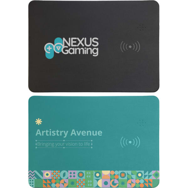 A wireless charger and mouse pad combination in black and teal, featuring logos and a decorative pattern at the bottom.