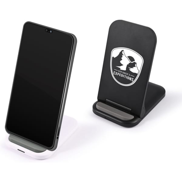 A wireless charger in black and white, featuring a phone stand with a logo on the back.